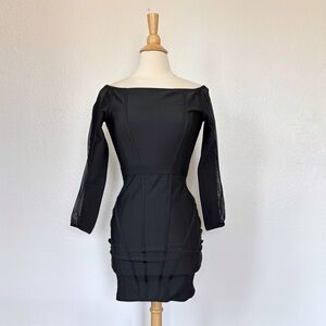 Solid Black Off-Shoulder Bodycon Long Sheer Sleeve Dress